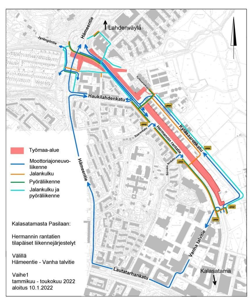 Hermannin rantatien liikennejärjestelyt 11.1.2022 alkaen. Kuvan liikennejärjestelyt avattuna tekstissä.