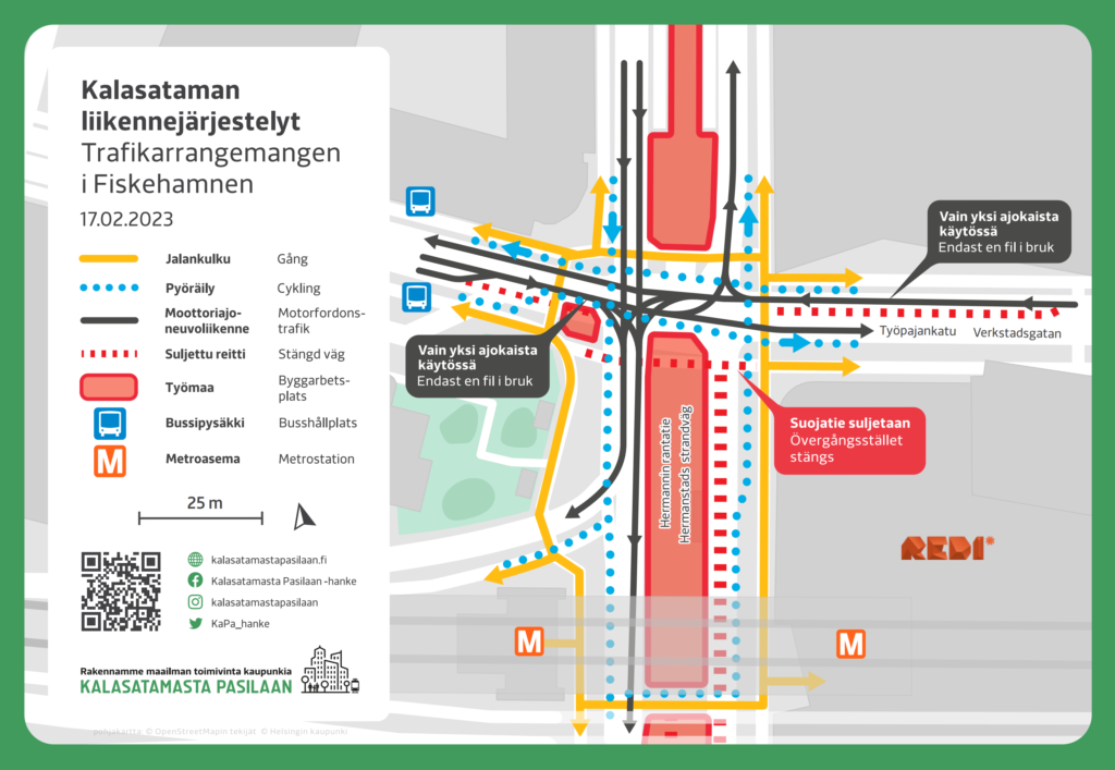 Kuva. Viikolla 8/2023 voimaan tulevat liikennejärjestelyt Hermannin rantatien ja Työpajankadun risteysalueella.