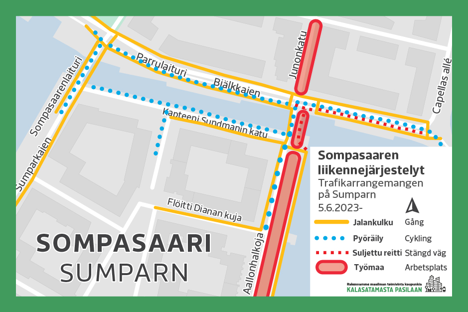 Reittikuva jalankulun ja pyöräilyn muutoksista Sompasaaressa Aallonhalkojan pohjoispäässä 5.6.2023 alkaen. Muutokset avattu uutisen tekstissä.