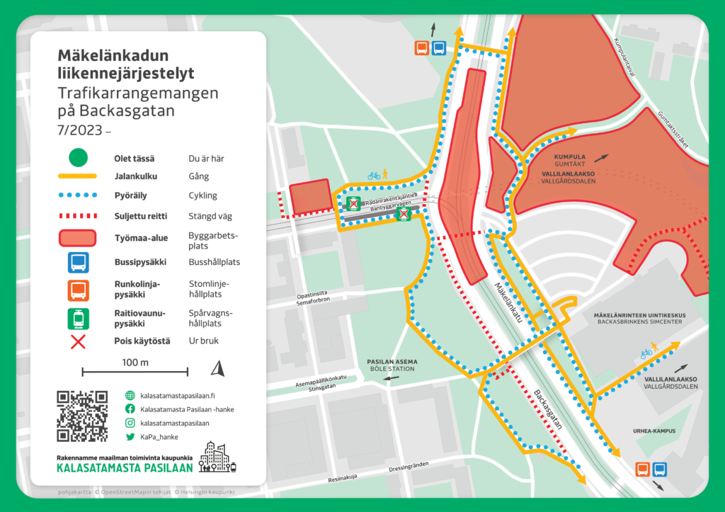 Kartta Mäkelänkadulla voimassa olevista liikennejärjestelyistä.