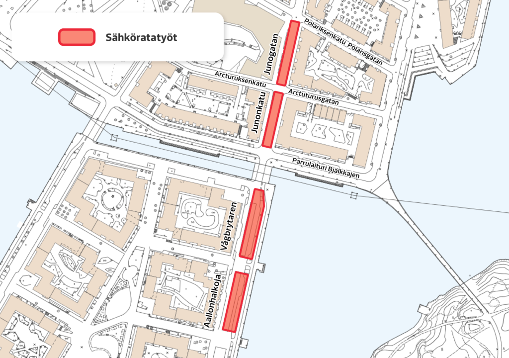 Kartta viikolla 30 tehtävien sähköratatöiden sijainnista Kalasatamassa.