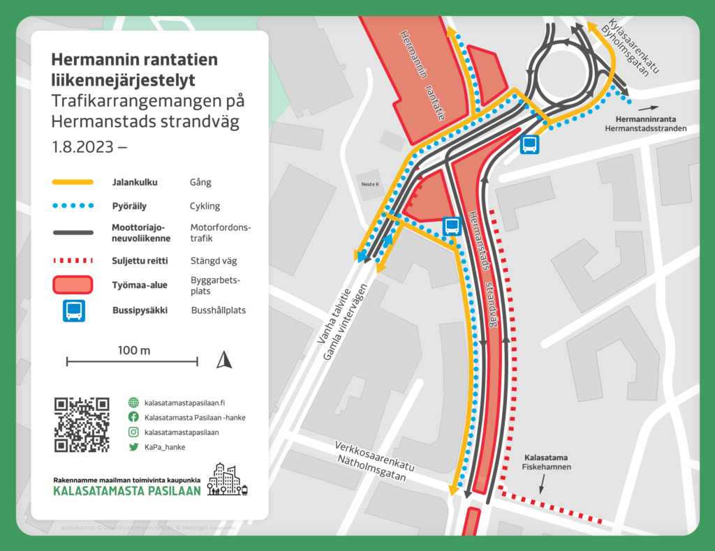 Kartta 1.8. käyttöön otettavista liikennejärjestelyistä Hermannin rantatiellä.