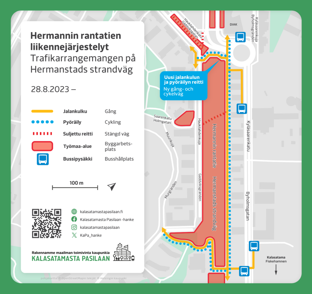 Kartta. Haukilahdenkujan uudet liikennejärjestelyt 28.8.2023 alkaen. Työmaan ylitys Saarenkadun kohdalla suljettu. Uusi reitti pohjoisessa lähellä Haukilahdenkadun risteysaluetta.