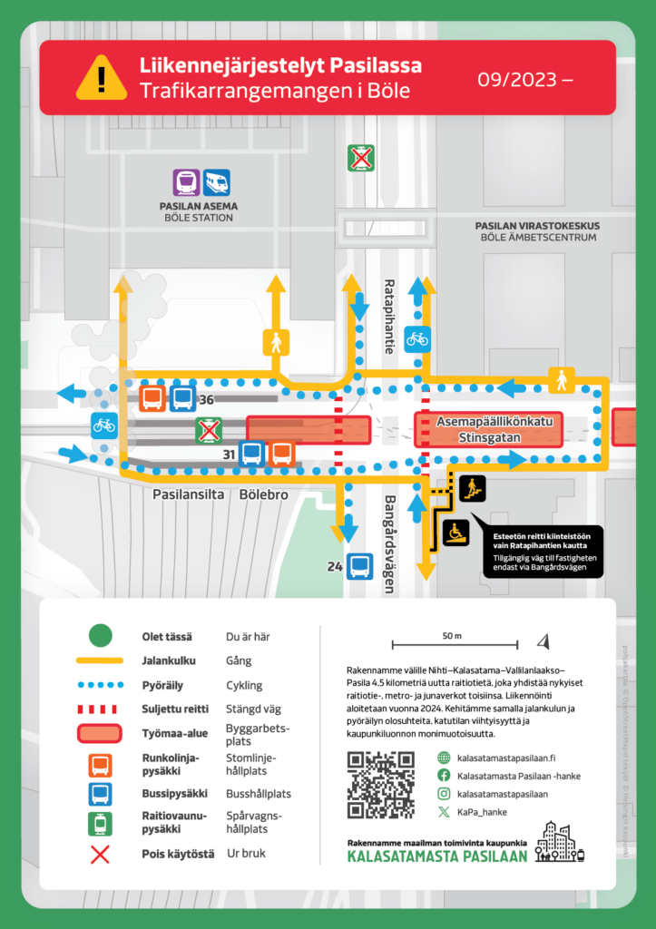 Kartta liikennejärjestelyistä Pasilan aseman läheisyydessä.