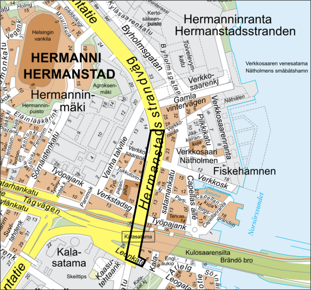 Kartta. Työalue kartalla. Kuvassa rajattu Leonkatu kauppakeskus REDIltä länteen ja Hermannin rantatie välillä Leonkatu - Verkkosaarenkadun ja Vanhan talvitien puoliväli.