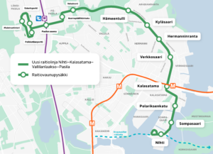 Nihti-Kalasatama-Vallilanlaakso-Pasila -raitiolinjan reittikartta.