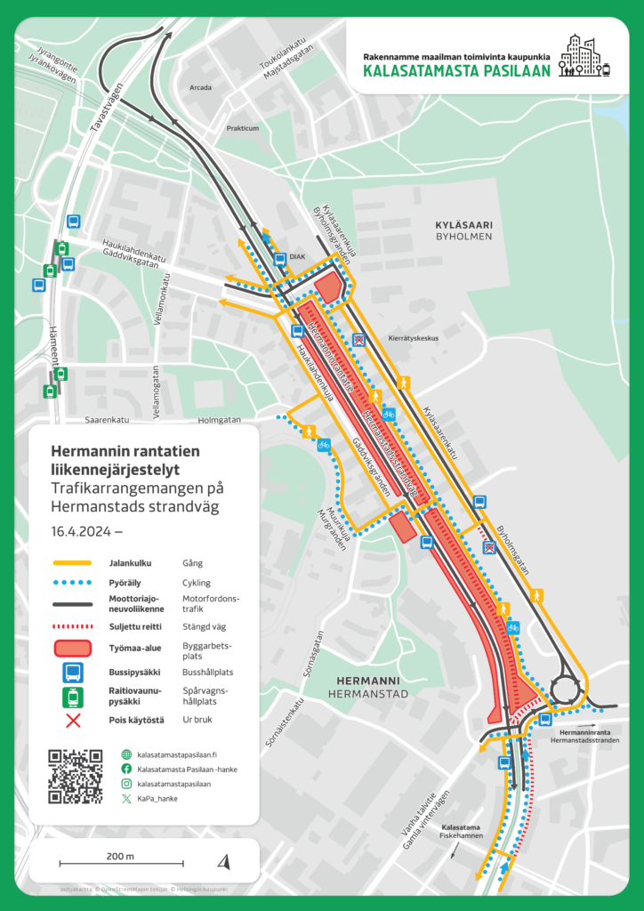 Kartta Hermannin rantatien liikennejärjestelyistä.