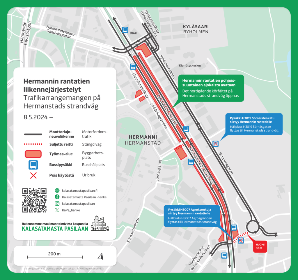 Kartta. Hermannin rantatien liikennejärjestelyt 9.5. alkaen. Yksi moottoriajoneuvoliikenteen kaista avataan 9.5. välillä Vanha talvitie - Haukilahdenkatu.